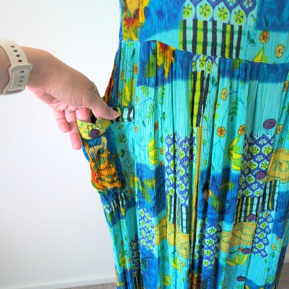 Vintage Maxi Dress Womens Medium Summer Blue Sunflower Garden Cottage Bohemian - Picture 8 of 13